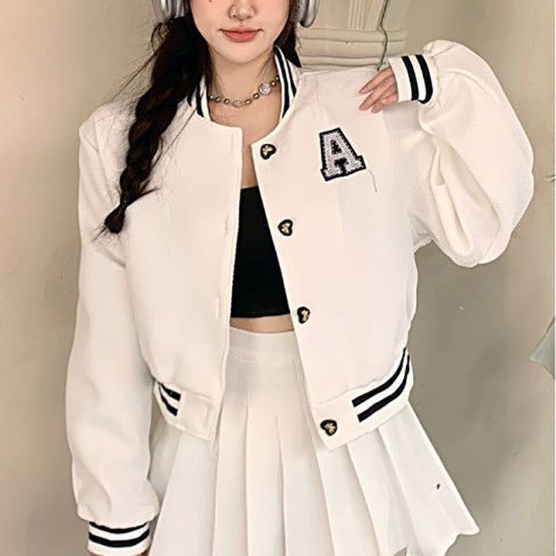 Damen Collegejacke mit gesticktem Emblem und kontrastierenden Aufnähern