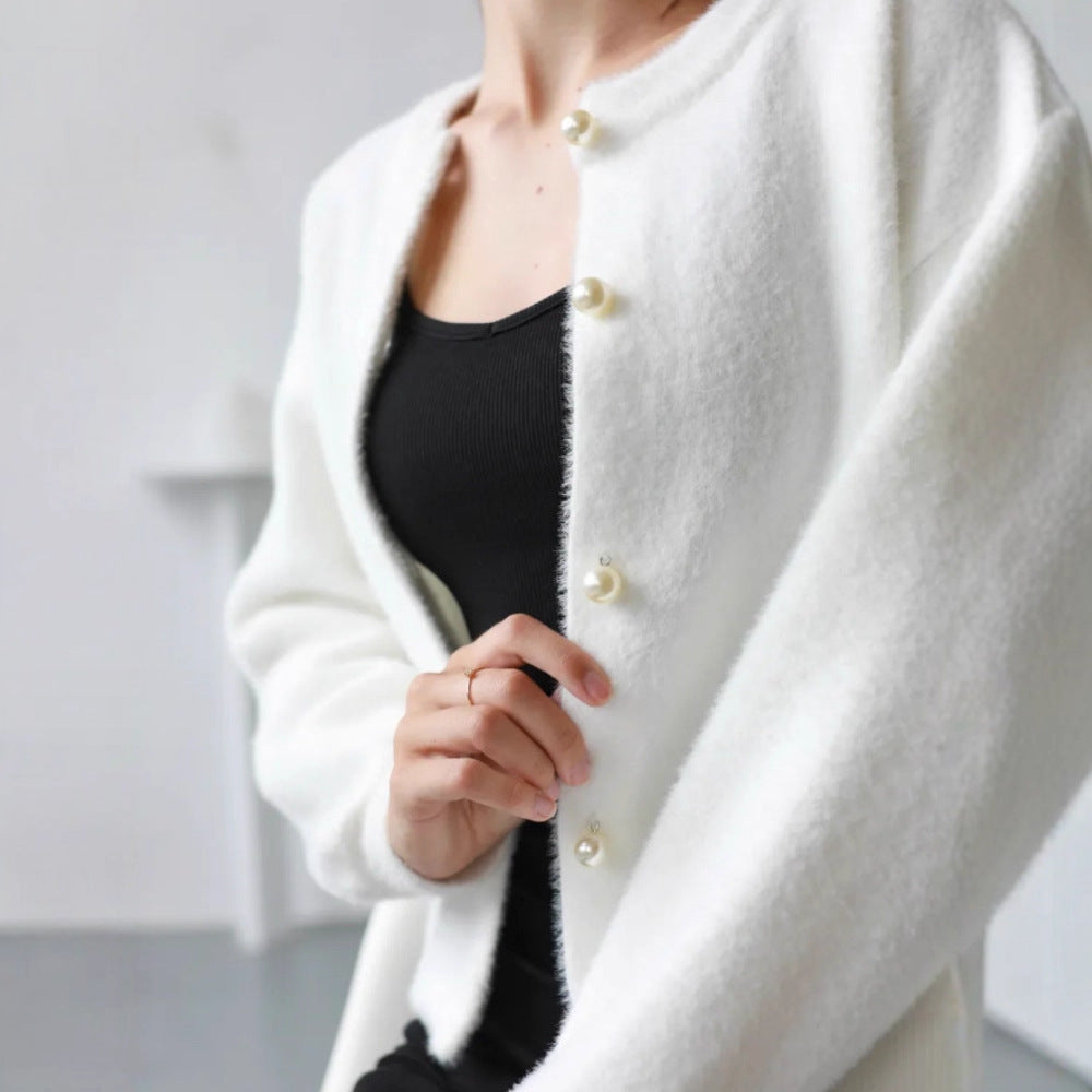 Damen Flauschiger Langarm Cardigan mit Perlenknöpfen Shop Nory