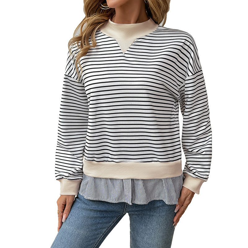 Damen Gestreiftes Layering-Sweatshirt mit Chiffon‑Einsatz und kontrastierendem Stehkragen Shop Nory