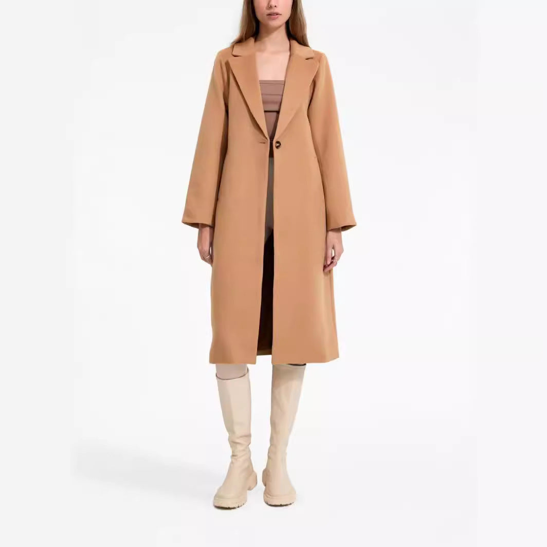 Damen Midilanger Einreihiger Wollmix-Mantel mit minimalistischem Schalkragen Shop Nory