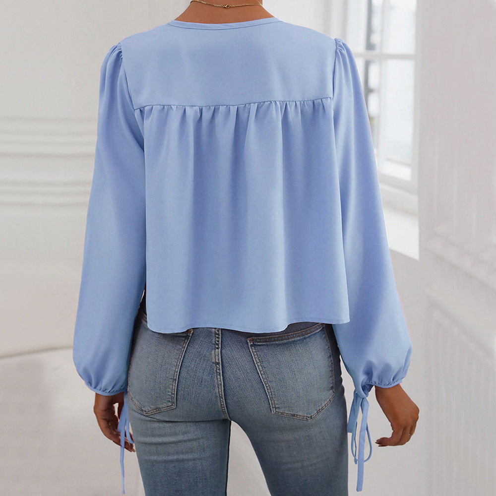 Damen lockere Bluse mit gerüschtem Einsatz, Bindeschleife am Ausschnitt und Kordelärmeln Shop Nory