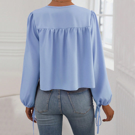Damen lockere Bluse mit gerüschtem Einsatz, Bindeschleife am Ausschnitt und Kordelärmeln Shop Nory