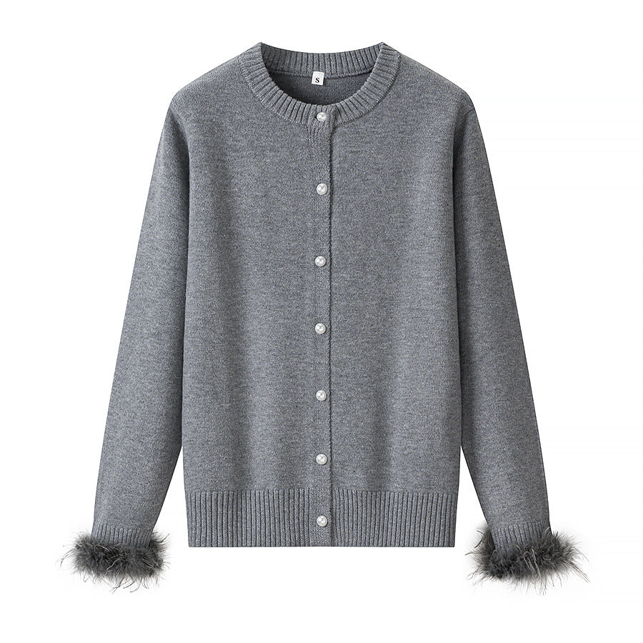 Damen Perlenknopf-Cardigan mit Kunstfeder-Bündchen Shop Nory