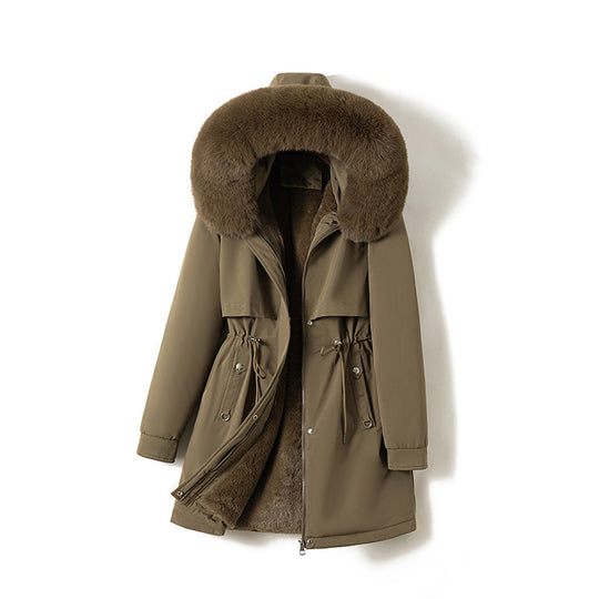 Damen nan moderner Thermoparka im Clean‑Look mit Oversize‑Fellkapuze, innenweichem Teddyfutter und verstellbarer Taille Shop Nory