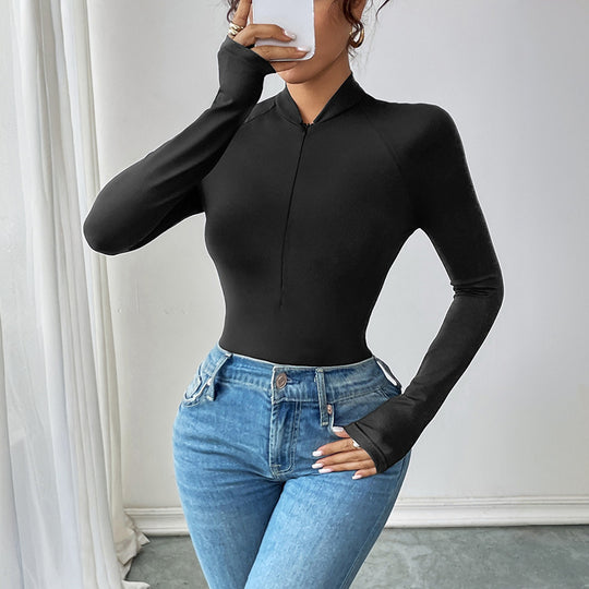 Damen Enganliegendes Langarm-Top mit kurzem Reißverschluss und tiefem V-Ausschnitt Shop Nory