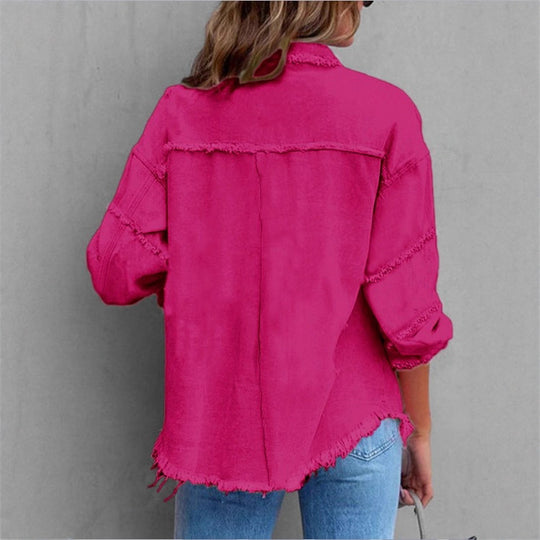Damen Oversize-Denim-Utility-Hemdjacke mit ausgefransten Kanten und Pattentaschen Shop Nory