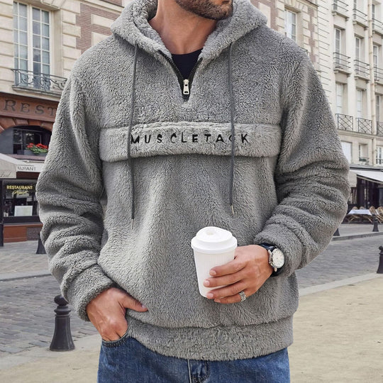 Herren Teddy-Fleece Kapuzenpullover mit halbem Reißverschluss, Kängurutasche und weichem Innenfutter Shop Nory