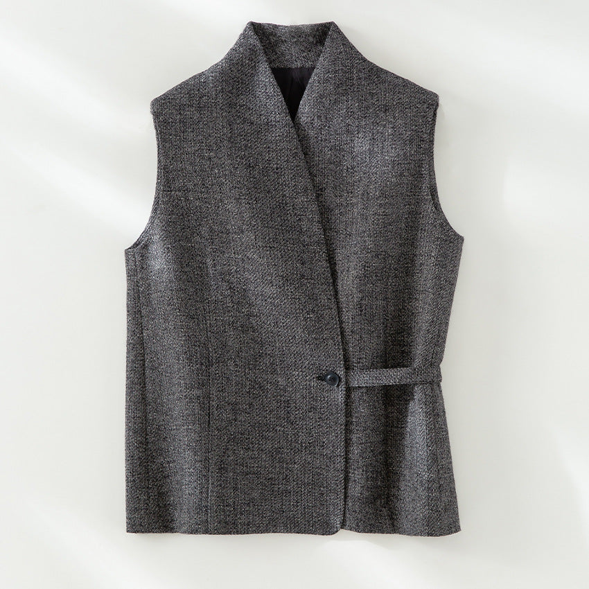 Damen Ärmellose taillierte Wollmix‑Weste mit Schalkragen‑Optik und Taillenriegel Shop Nory