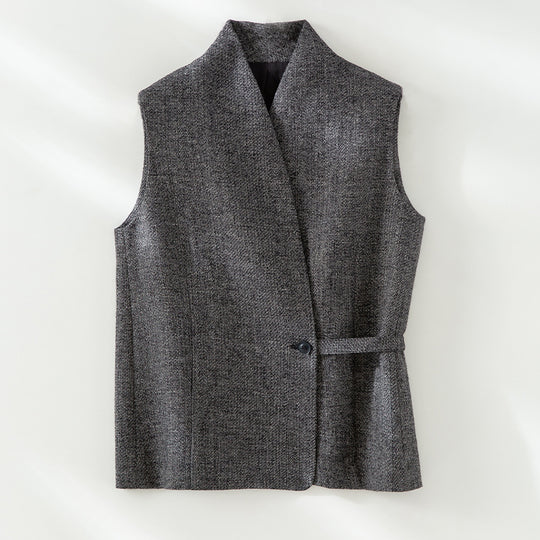 Damen Ärmellose taillierte Wollmix‑Weste mit Schalkragen‑Optik und Taillenriegel Shop Nory