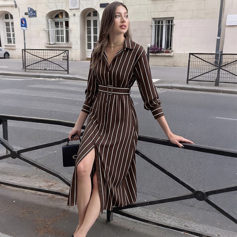 Damen Hemdblusenkleid mit Taillengürtel und vertikalem Nadelstreifen Shop Nory