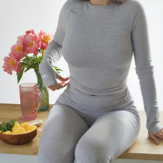 Damen Figurbetontes Stretch-Zweiteiler Lounge-Set mit hohem Rippbund und bauchfreiem Langarmshirt Shop Nory