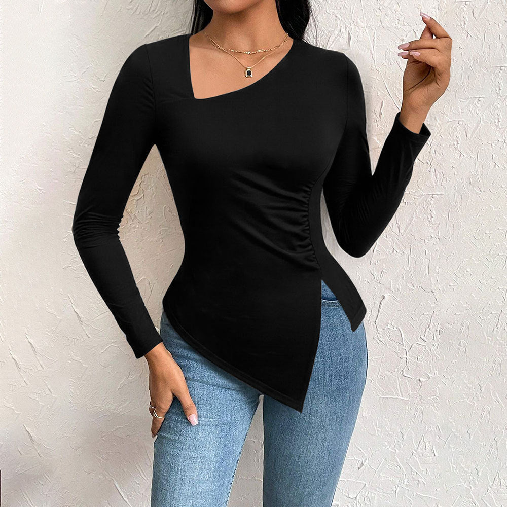 Damen asymmetrisches Langarm-Shirt mit diagonalem Cut-Out, taillierter Seitenraffung und spitz zulaufendem Zipfel-Saum Shop Nory