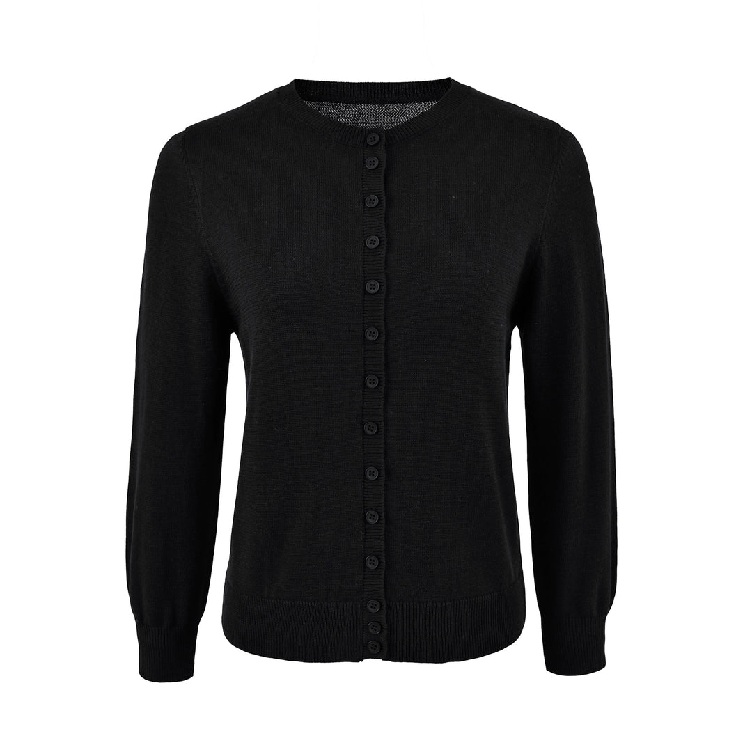 Damen Fein gestrickte Rundhals-Strickjacke mit Knopfleiste und Rippbündchen Shop Nory