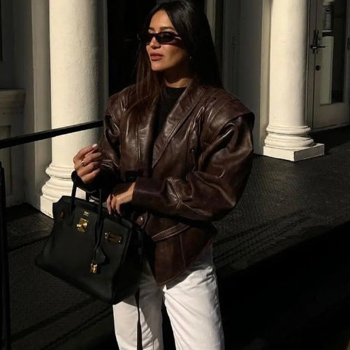 Damen Kurzjacke aus Wildlederoptik mit Wickelgürtel, Schalkragen und Schnürdetail Shop Nory
