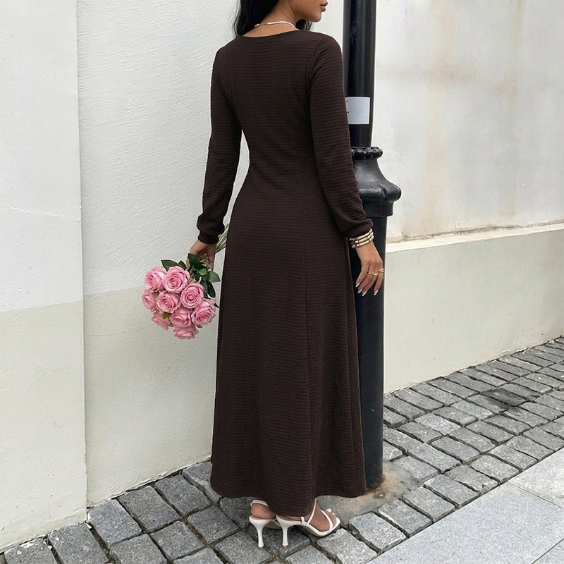 Damen Midikleid aus geripptem Feinstrick mit Schnür-Dekolleté, taillierter A-Linie und langem Arm Shop Nory