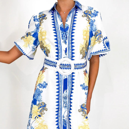 Damen Maxikleid mit floralem Knopfleisten-Design und tailliertem Gürtel