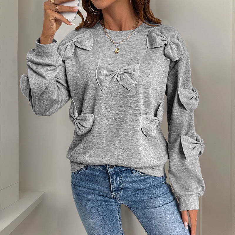 Damen Kuschel-Sweatshirt mit 3D-Schleifenapplikationen, Rundhals & Rippbündchen Shop Nory