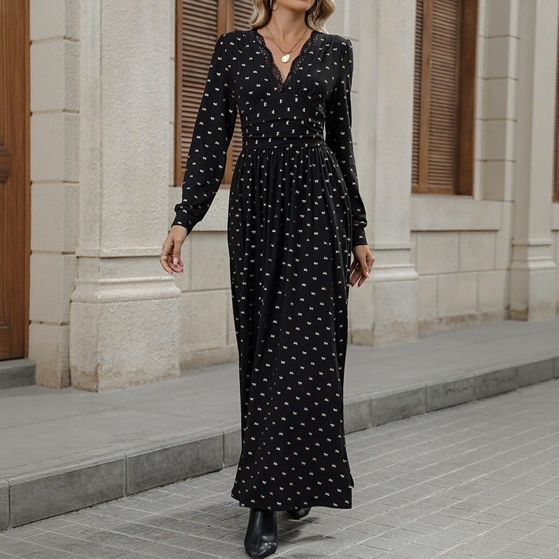 Damen Elegantes Maxi-Wickelkleid mit Spitzenbesatz, hohem Brustbund und gerafftem Volumenrock Shop Nory
