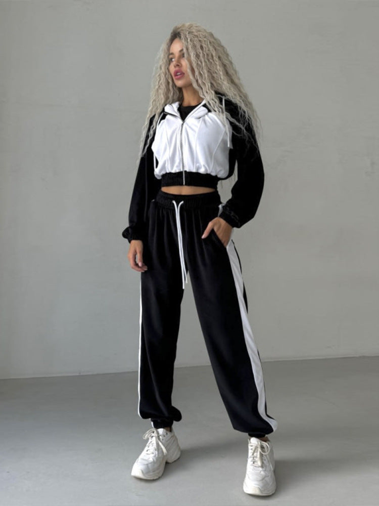 Damen kurz geschnittenes Samt-Trainingsset mit tailliertem Reißverschluss-Hoodie und weit geschnittener hochtaillierter Loungehose Shop Nory
