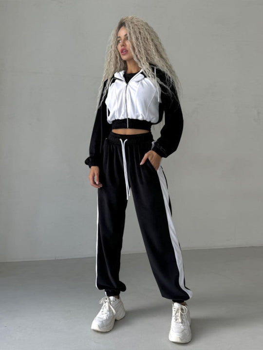 Damen kurz geschnittenes Samt-Trainingsset mit tailliertem Reißverschluss-Hoodie und weit geschnittener hochtaillierter Loungehose Shop Nory