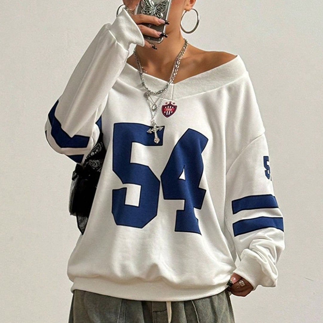 Damen Lockeres College-Sweatshirt im Off-Shoulder-Look mit großem Nummernprint Shop Nory