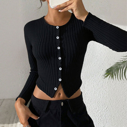 Damen gerippte Cropped-Strickjacke mit spitzem Saum und Knopfverschluss Shop Nory