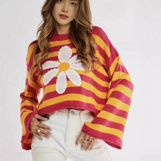 Damen Modischer gestreifter Crop-Pullover mit Blumenmuster