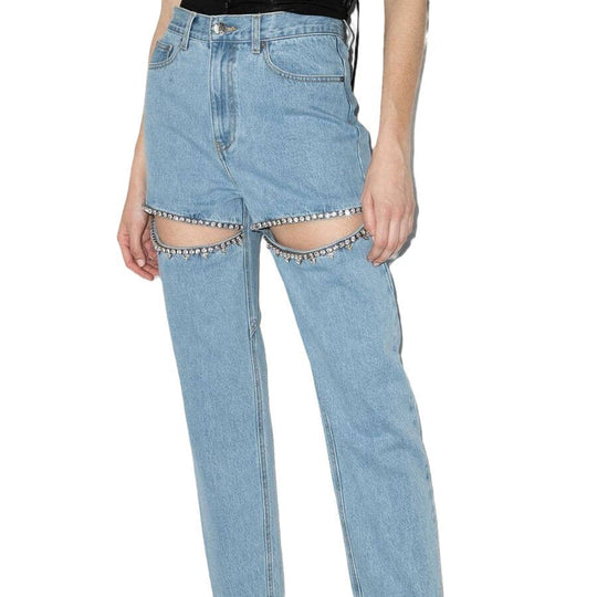 Damen ripped Jeans mit strassbesetzten Schnittstellen