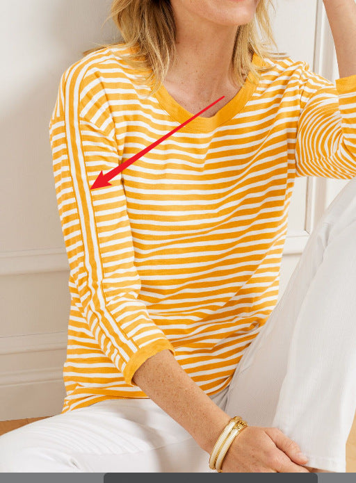Damen nan gestreifter Baumwollpullover mit Rundhalsausschnitt, legerer Passform und gerippten Abschlüssen Shop Nory