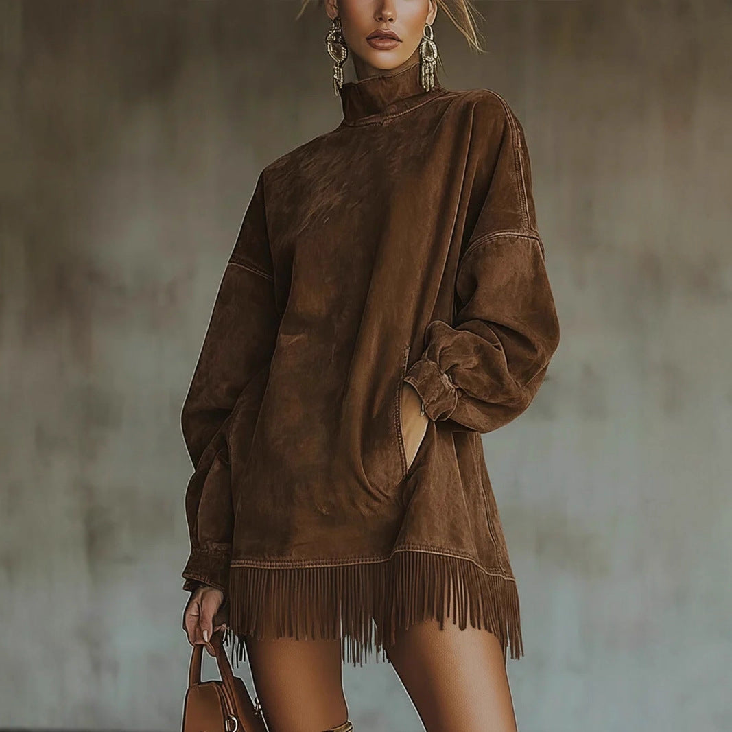 Damen nan oversized Wildlederoptik Tunika mit Stehkragen und Fransen Shop Nory