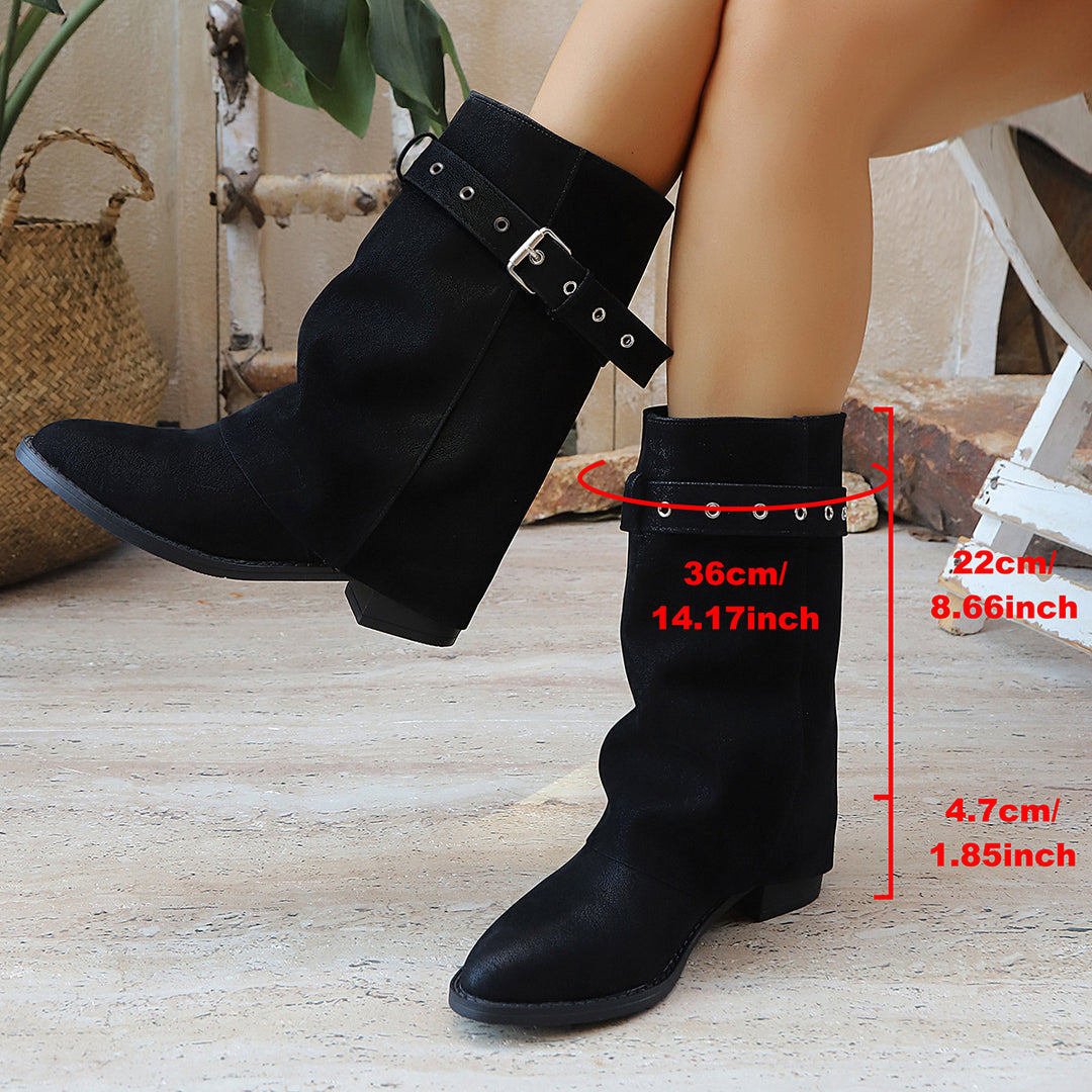Damen Mid-Calf-Stiefel mit Schnallenriemen und niedrigem Blockabsatz Shop Nory
