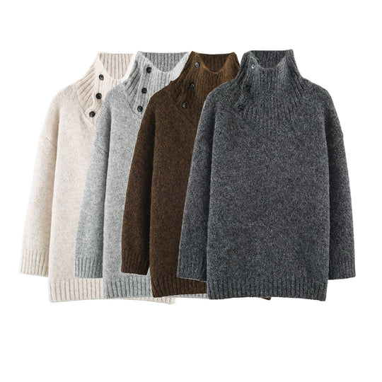 Damen Oversized Strickpullover mit hohem Rippkragen, Knopfdetail und V‑Ausschnitt Shop Nory