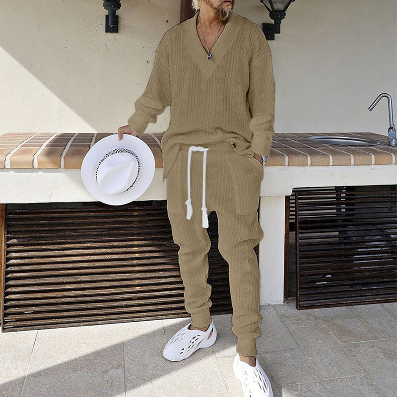 Herren Strukturiertes Strick-Loungewear-Set mit V-Ausschnitt und Tunnelzug-Jogginghose Shop Nory