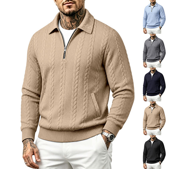 Herren Strukturiertes Kabelstrick-Halbreißverschluss-Pullover mit Hemdkragen und Rippbündchen Shop Nory