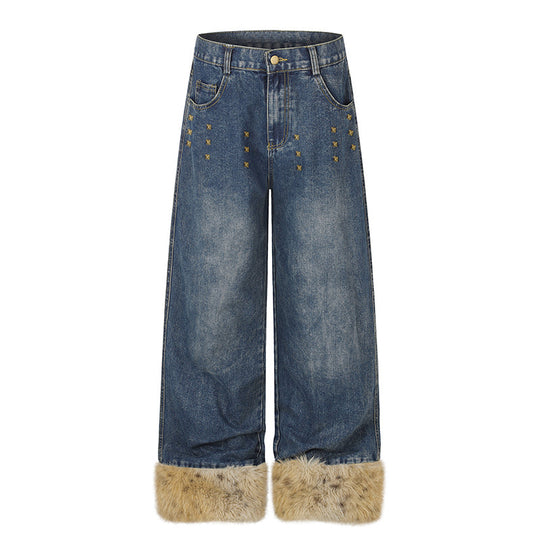 Damen Weite Denim-Palazzo-Jeans mit Fellbündchen und Nieten Shop Nory