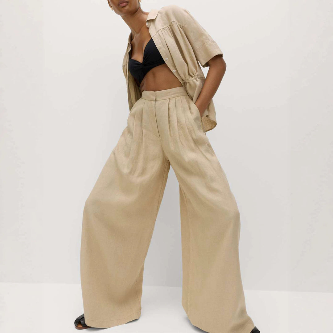 Damen Weite High‑Waist Leinenoptik Palazzo‑Hose mit Bundfalten und Eingrifftaschen Shop Nory
