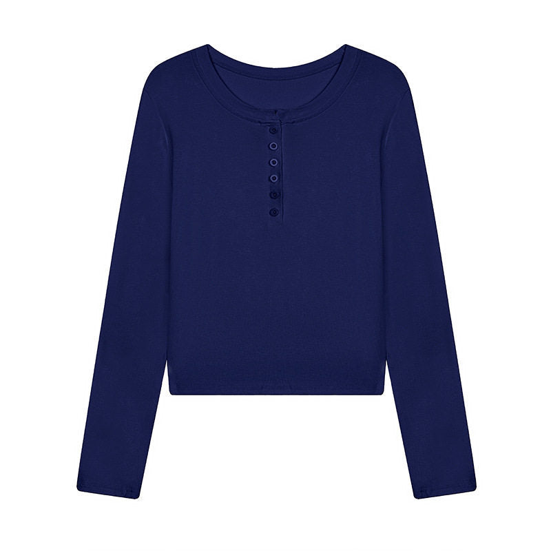 Damen Kurz geschnittenes Henley Langarmshirt aus Baumwolljersey mit Knopfleiste Shop Nory