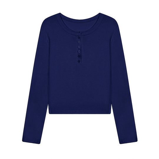 Damen Kurz geschnittenes Henley Langarmshirt aus Baumwolljersey mit Knopfleiste Shop Nory