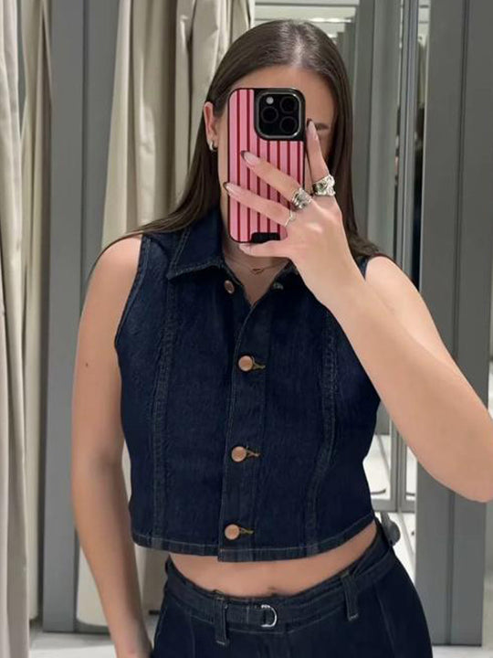 Damen Kurz geschnittene Jeansweste mit taillierter Paneelierung und Metallknopfleiste Shop Nory