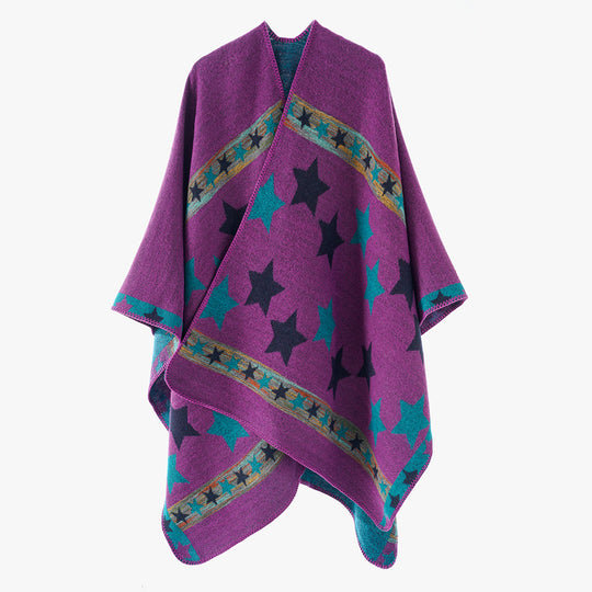 Damen Oversize-Capeponcho aus Wollmix mit zweilagigem Stern‑Jacquard und dekorativer Kettelnaht Shop Nory