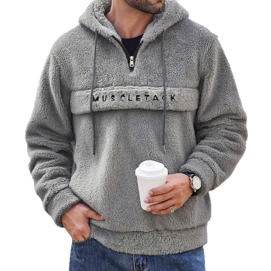 Herren Teddy-Fleece Kapuzenpullover mit halbem Reißverschluss, Kängurutasche und weichem Innenfutter Shop Nory