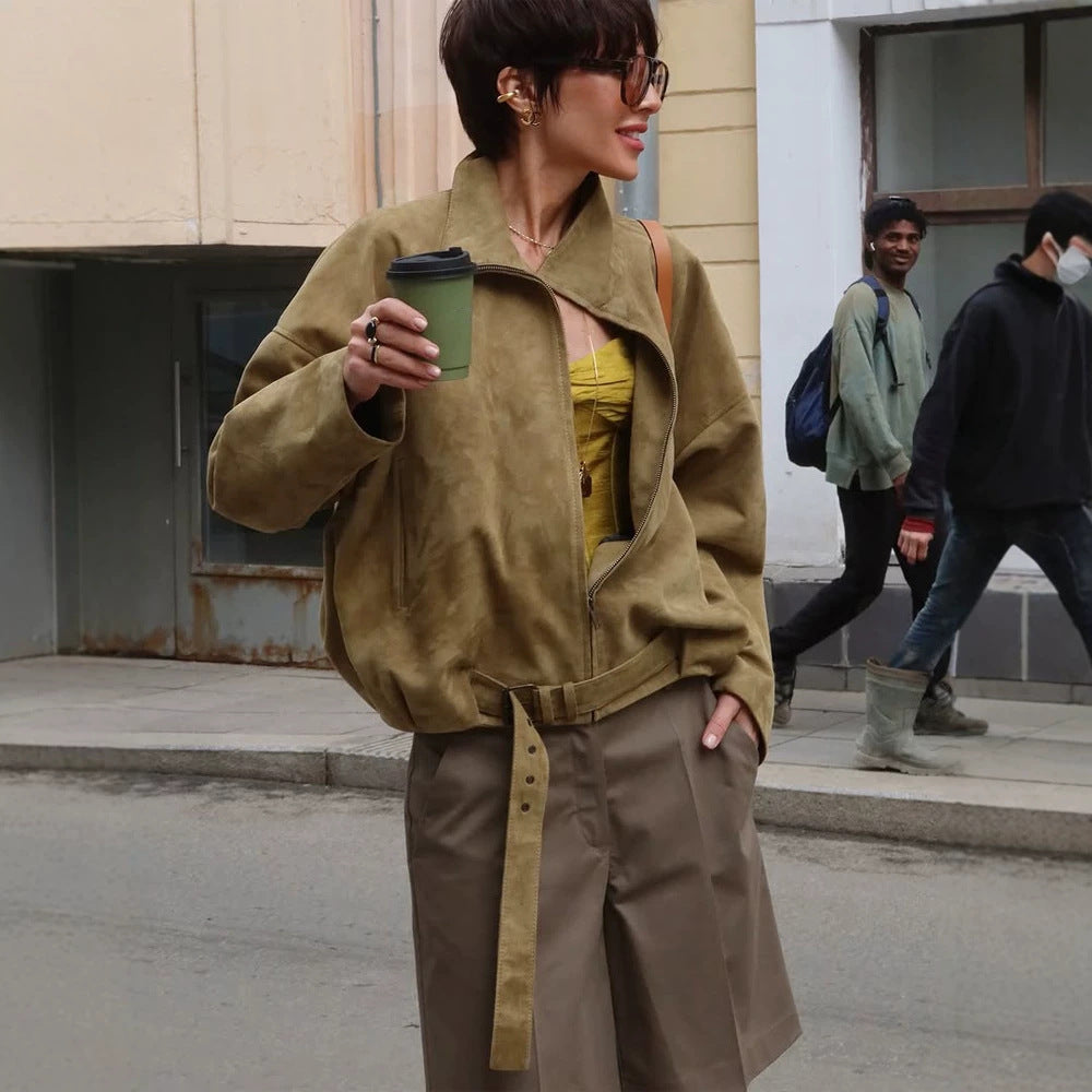 Damen Oversized Veloursleder-Bomberjacke mit taillierendem Bindegürtel und asymmetrischem Reißverschluss Shop Nory