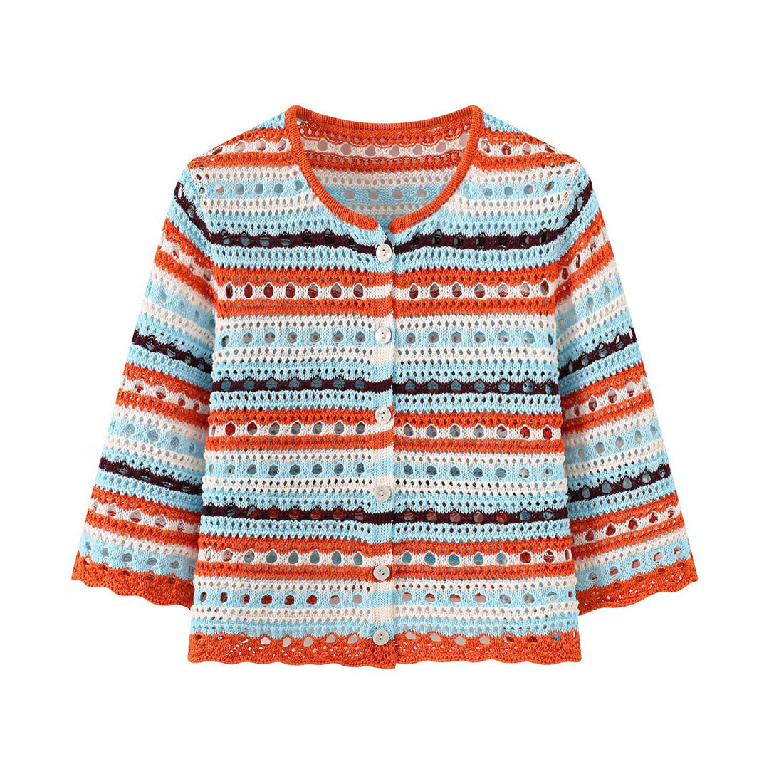 Damen Häkel-Cardigan mit Lochmuster, gestreifter Struktur und Dreiviertelärmeln Shop Nory