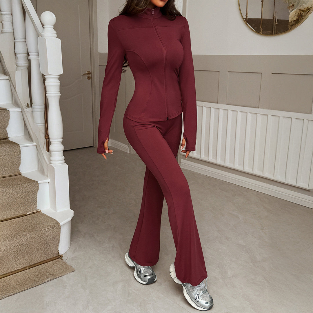 Damen nan figurbetontes Stretch-Joggingset mit taillierter Reißverschluss-Jacke und ausgestellter Schlaghose Shop Nory