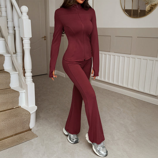 Damen nan figurbetontes Stretch-Joggingset mit taillierter Reißverschluss-Jacke und ausgestellter Schlaghose Shop Nory