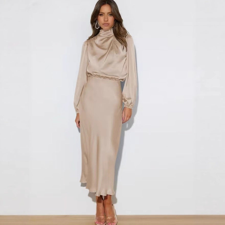 Damen Elegantes Satin-Midikleid mit Stehkragen, Blouson-Oberteil und fließendem Rock Shop Nory