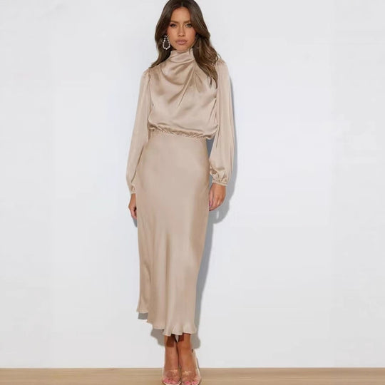 Damen Elegantes Satin-Midikleid mit Stehkragen, Blouson-Oberteil und fließendem Rock Shop Nory