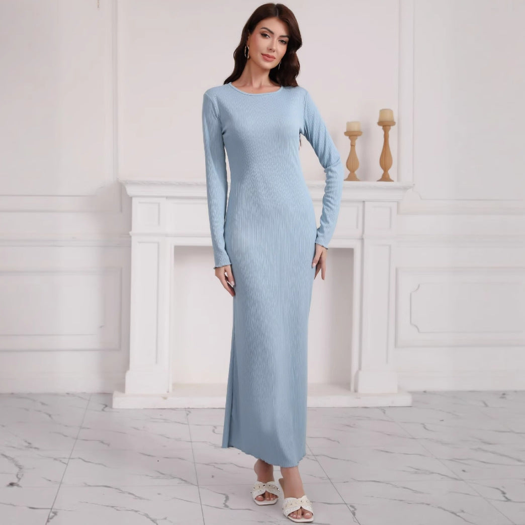 Damen Langes geripptes Bodycon-Maxikleid mit Rundhals & langen Ärmeln Shop Nory