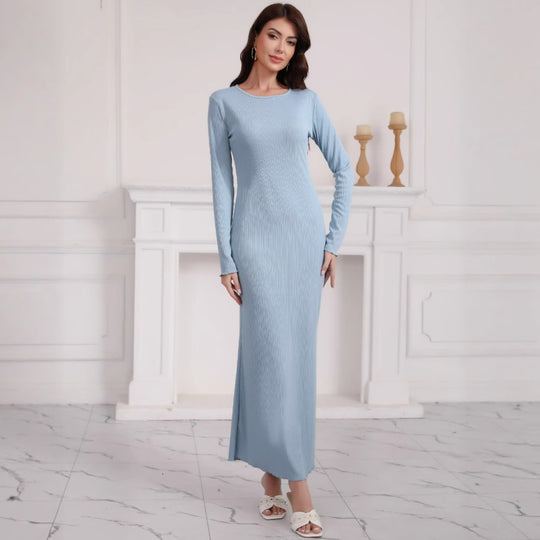 Damen Langes geripptes Bodycon-Maxikleid mit Rundhals & langen Ärmeln Shop Nory