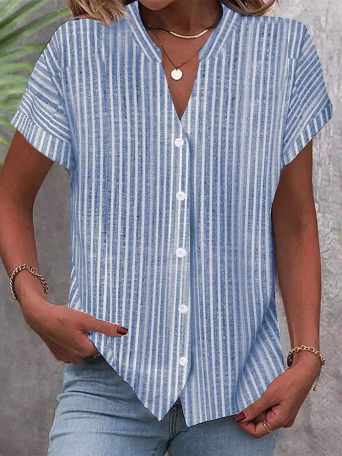 Damen Kurzarm-Bluse mit V-Ausschnitt und Streifenmuster